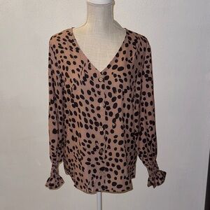 Womens Button-Front V-Neck Blouse in Taupe with Black Spot Print